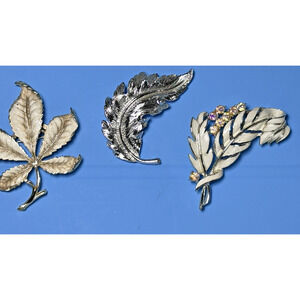 Vintage Lot 3 Leaf Branch Brooch Silvertone Goldstone, Enameled Rhinestone 2"